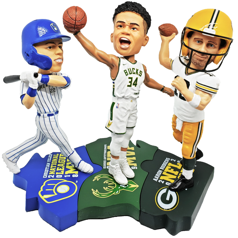 Wisconsin MVPs Triple Bobblehead Puzzle Set - Giannis Antetokounmpo (Milwaukee Bucks) Christian Yelich (Milwaukee Brewers) and Aaron Rodgers (Green Bay Packers)